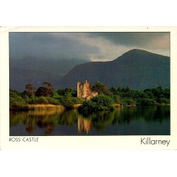 Carte postale moderne de Ross Castle à Killarney avec le château reflété dans le Lough Leane.