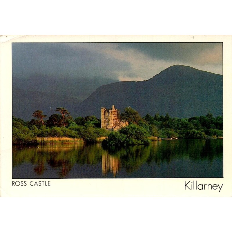 Carte postale moderne de Ross Castle à Killarney avec le château reflété dans le Lough Leane.