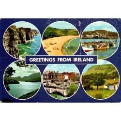 Carte postale moderne Greetings from Ireland avec falaises de Moher, Dublin, Killarney, port et cottage irlandais.