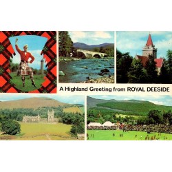 Carte postale Royal Deeside en Écosse avec Balmoral Castle, Crathie Church, Old Brig o' Dee et Braemar Games.
