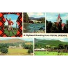 Carte postale Royal Deeside en Écosse avec Balmoral Castle, Crathie Church, Old Brig o' Dee et Braemar Games.
