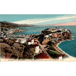 Carte postale ancienne LL représentant une vue générale de la Principauté de Monaco avec le Palais Princier et le port.