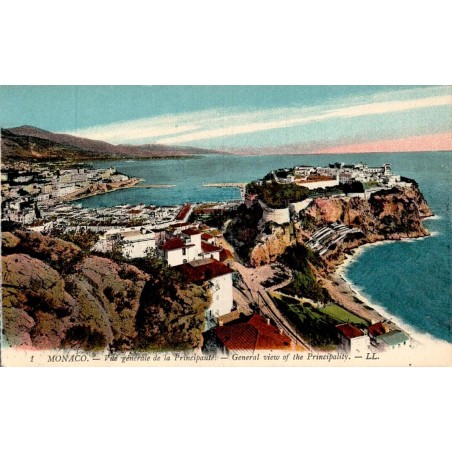 Carte postale ancienne LL représentant une vue générale de la Principauté de Monaco avec le Palais Princier et le port.