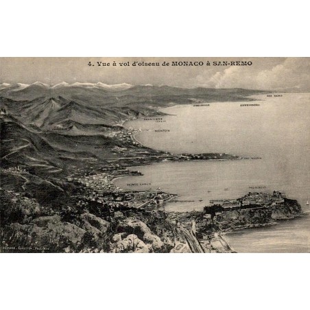 Carte postale ancienne Giletta montrant une vue à vol d'oiseau de Monaco à San-Remo avec panorama légendé.