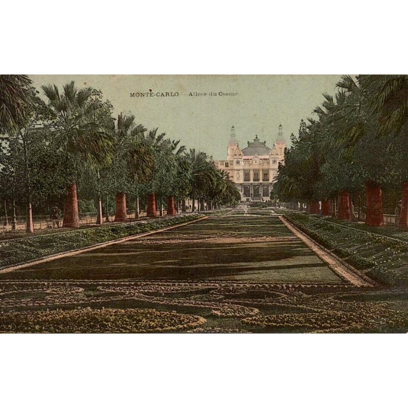 Carte postale ancienne des allées du Casino de Monte-Carlo avec jardins et façade du Casino.