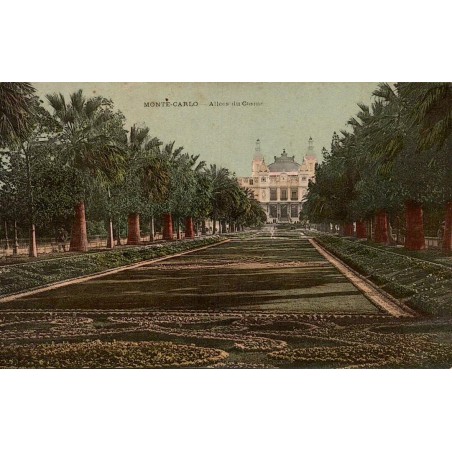 Carte postale ancienne des allées du Casino de Monte-Carlo avec jardins et façade du Casino.