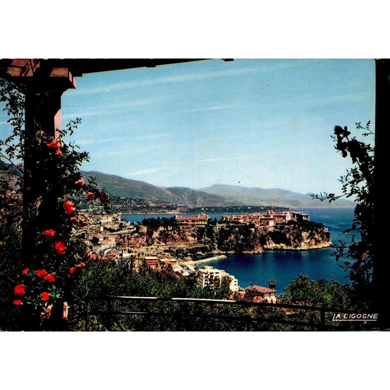 Carte postale moderne du Rocher de Monaco vue sous une pergola fleurie avec cachet touristique de Monte-Carlo.