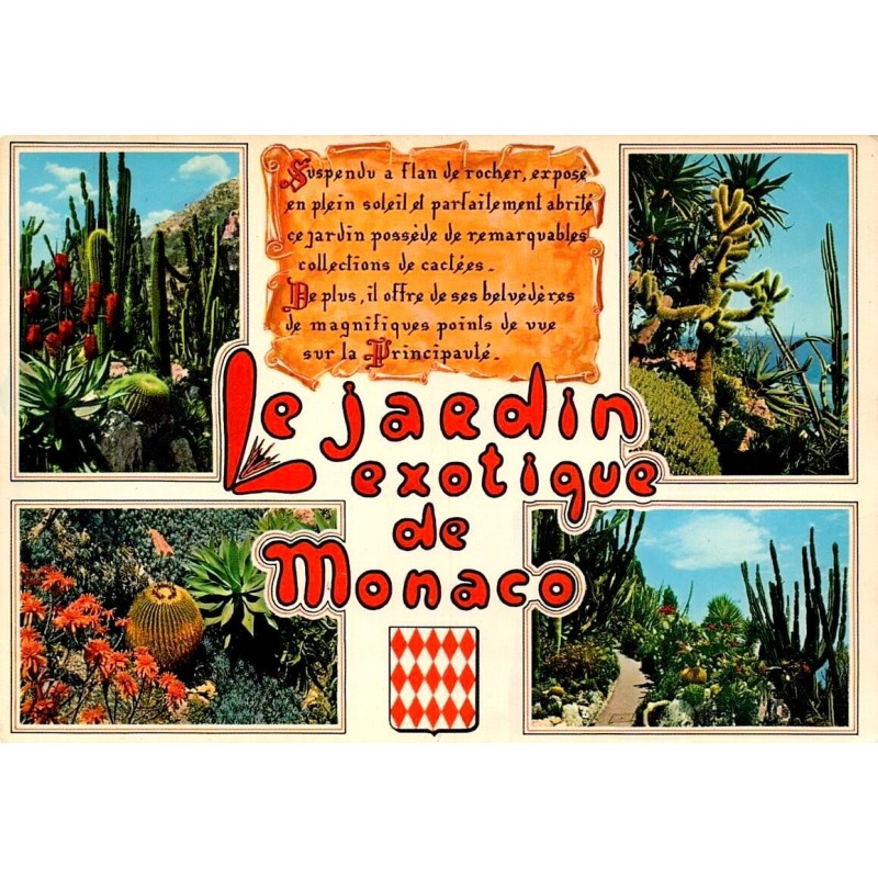Carte postale moderne illustrée du Jardin Exotique de Monaco avec plusieurs vues de cactus et plantes succulentes.