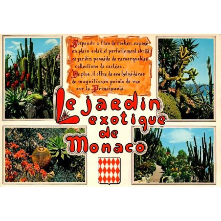 Carte postale moderne illustrée du Jardin Exotique de Monaco avec plusieurs vues de cactus et plantes succulentes.