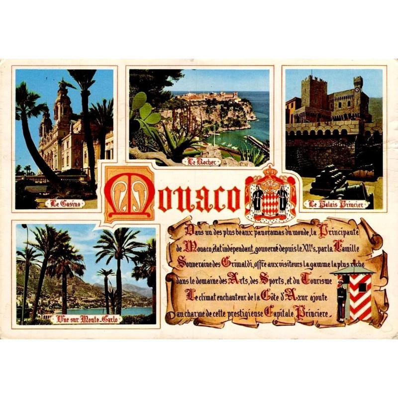CPM de Monaco avec vues multiples du Casino, du Palais Princier, du Rocher et texte illustré sur la Principauté.