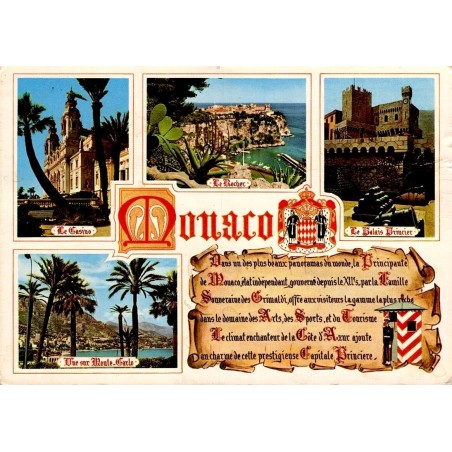 CPM de Monaco avec vues multiples du Casino, du Palais Princier, du Rocher et texte illustré sur la Principauté.