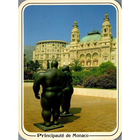 Carte postale moderne du Casino de Monte-Carlo avec sculptures de Fernando Botero dans les jardins.