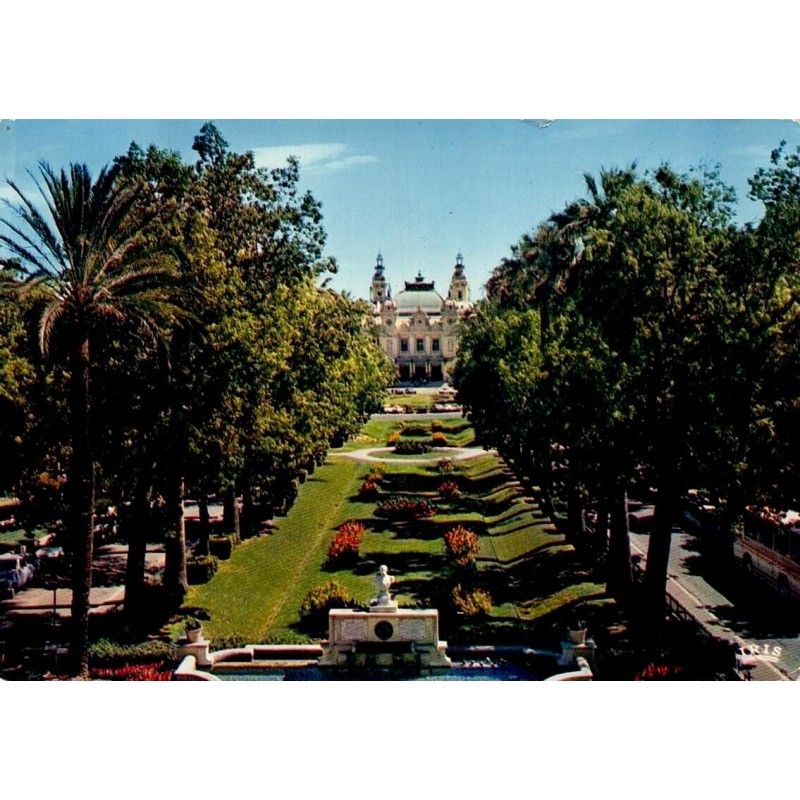 Carte postale moderne des jardins et du Casino de Monte-Carlo avec cachet postal de Cagnes-sur-Mer de 1975.