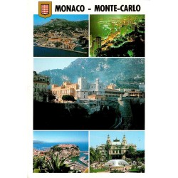CPM de de Monaco avec vues multiples, timbre du Prince Rainier III et cachet du Musée des Timbres et des Monnaies.
