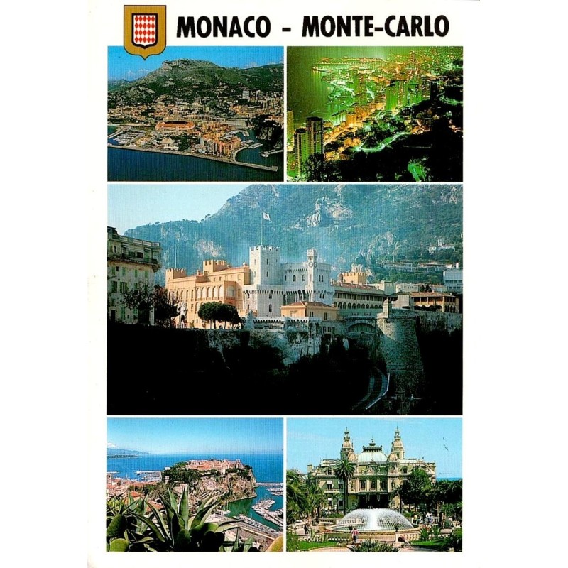CPM de de Monaco avec vues multiples, timbre du Prince Rainier III et cachet du Musée des Timbres et des Monnaies.