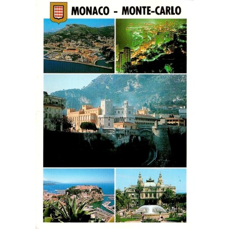 CPM de de Monaco avec vues multiples, timbre du Prince Rainier III et cachet du Musée des Timbres et des Monnaies.