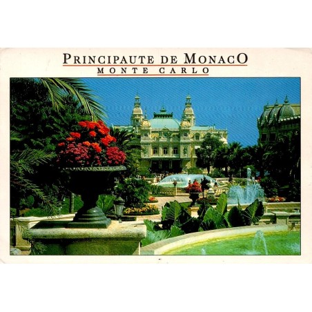 Carte postale moderne du Casino de Monte-Carlo avec ses jardins, fontaines et façade Belle Époque.