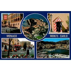 CPM de Monaco présentant plusieurs vues du Palais Princier, du Rocher, du port de Monte-Carlo et d'une sentinelle.