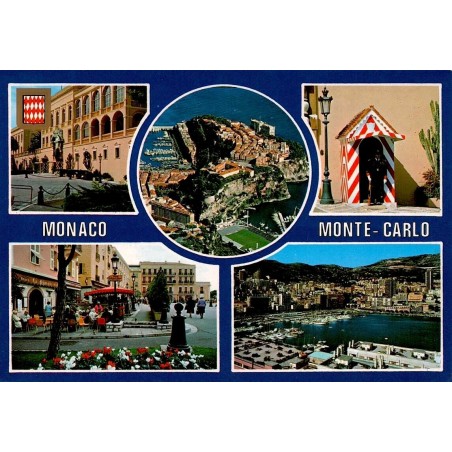 CPM de Monaco présentant plusieurs vues du Palais Princier, du Rocher, du port de Monte-Carlo et d'une sentinelle.