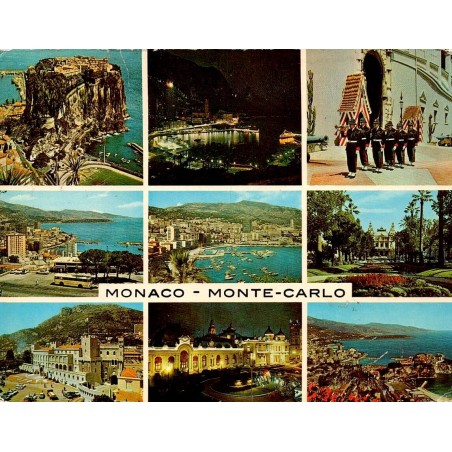 Carte postale moderne multivues de Monaco et Monte-Carlo avec le Rocher, le Casino, le Palais Princier et oblitération de 1977.