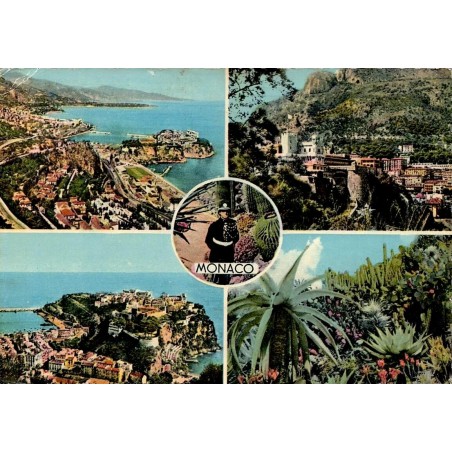 CPM  multivues de Monaco avec Palais Princier, Rocher, Jardin Exotique, timbre Rainier III et flamme Radio Monte-Carlo de 1967.