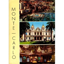 Carte postale moderne de Monte-Carlo avec le Casino, son hall intérieur, le port Hercule et cachet souvenir Place du Musée.