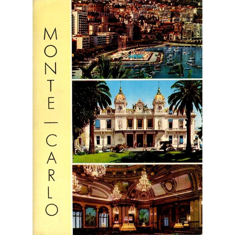Carte postale moderne de Monte-Carlo avec le Casino, son hall intérieur, le port Hercule et cachet souvenir Place du Musée.