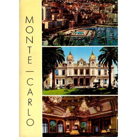 Carte postale moderne de Monte-Carlo avec le Casino, son hall intérieur, le port Hercule et cachet souvenir Place du Musée.