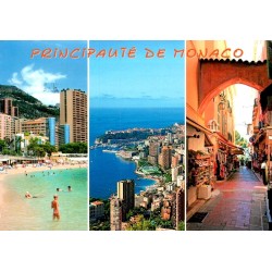 Carte postale moderne de Monaco avec plage, panorama de Monte-Carlo et rue commerçante de Monaco-Ville, voyagée en 2012.