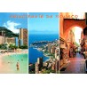 Carte postale moderne de Monaco avec plage, panorama de Monte-Carlo et rue commerçante de Monaco-Ville, voyagée en 2012.