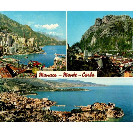 Carte postale moderne de Monaco avec le port de Monte-Carlo, le Palais Princier et une vue générale du Rocher.