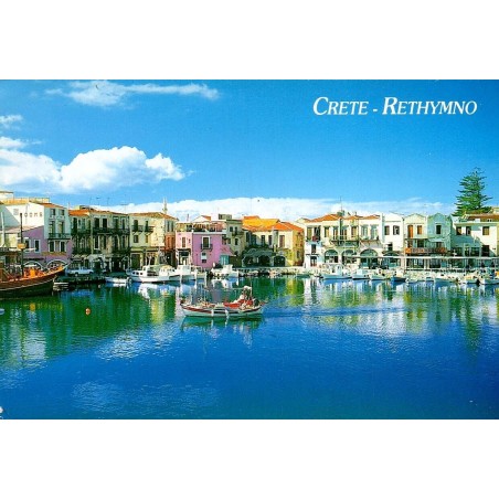 Carte Postale Moderne de Rethymno en Crète montrant le port vénitien avec bateaux et façades colorées.