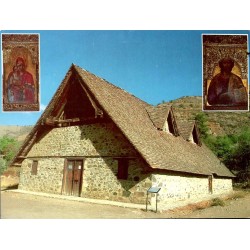 Carte Postale Moderne de Chypre représentant l'église Panagia Podithou à Galata avec timbre et oblitération de 2002.