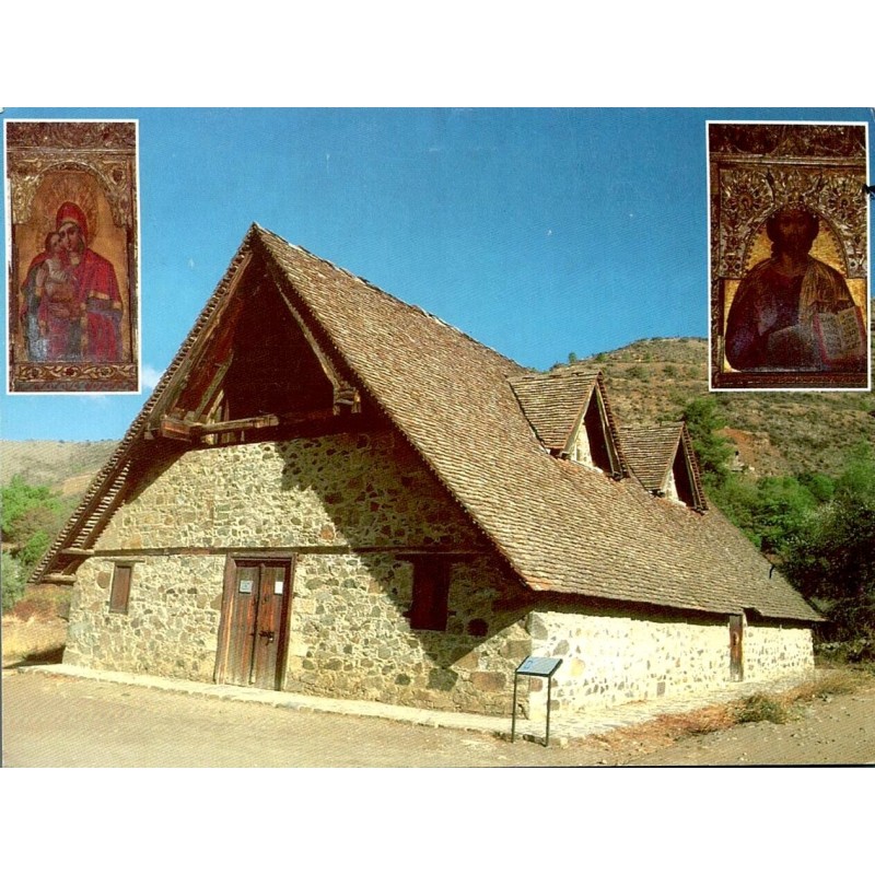 Carte Postale Moderne de Chypre représentant l'église Panagia Podithou à Galata avec timbre et oblitération de 2002.
