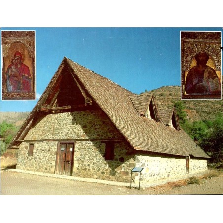 Carte Postale Moderne de Chypre représentant l'église Panagia Podithou à Galata avec timbre et oblitération de 2002.