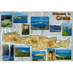 Carte Postale Moderne multivues de la Crète avec carte de l'île, Chania, Héraklion, Knossos, Balos et Vaï.