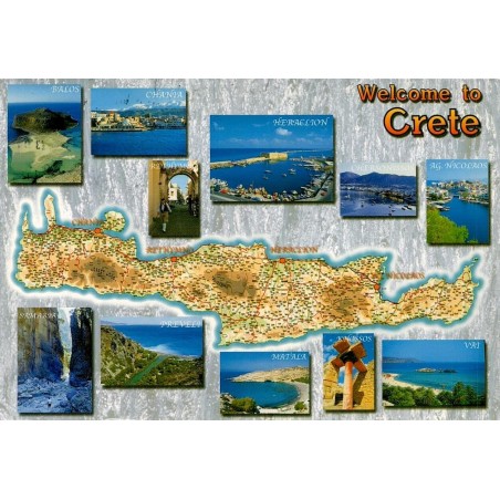 Carte Postale Moderne multivues de la Crète avec carte de l'île, Chania, Héraklion, Knossos, Balos et Vaï.