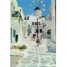 Carte Postale Moderne représentant une ruelle pittoresque de Mykonos avec un moulin à vent et un enfant sur un âne.