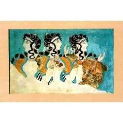 Carte postale CPSM représentant la fresque des Dames en Bleu du musée archéologique d'Héraklion en Crète.