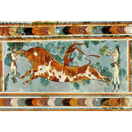 Carte postale CPSM représentant la fresque de la Tauromachie de Cnossos au Musée archéologique d'Héraklion.