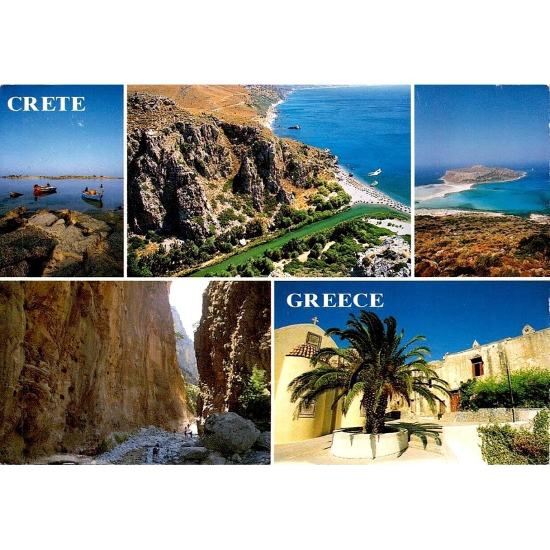 Carte postale multivues de Crète en Grèce avec paysages côtiers, gorge, plage et église, carte voyagée.