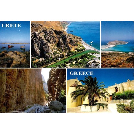 Carte postale multivues de Crète en Grèce avec paysages côtiers, gorge, plage et église, carte voyagée.