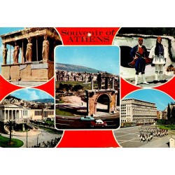 Carte postale multivues d'Athènes avec Acropole, Arc d'Hadrien, Académie et costumes traditionnels grecs.