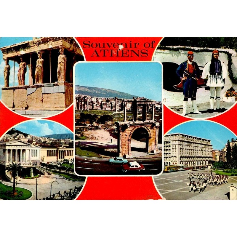 Carte postale multivues d'Athènes avec Acropole, Arc d'Hadrien, Académie et costumes traditionnels grecs.