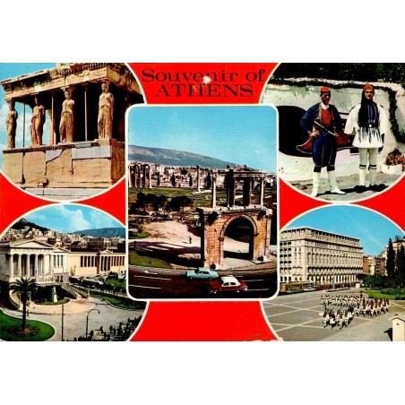 Carte postale multivues d'Athènes avec Acropole, Arc d'Hadrien, Académie et costumes traditionnels grecs.
