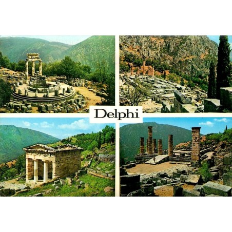 Carte postale multivues de Delphes avec la Tholos, le sanctuaire d'Apollon et les vestiges antiques en Grèce.