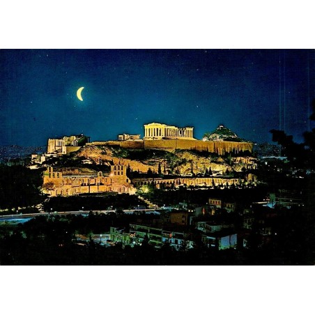 Carte postale de l'Acropole illuminée de nuit à Athènes avec le Parthénon sous un croissant de lune.