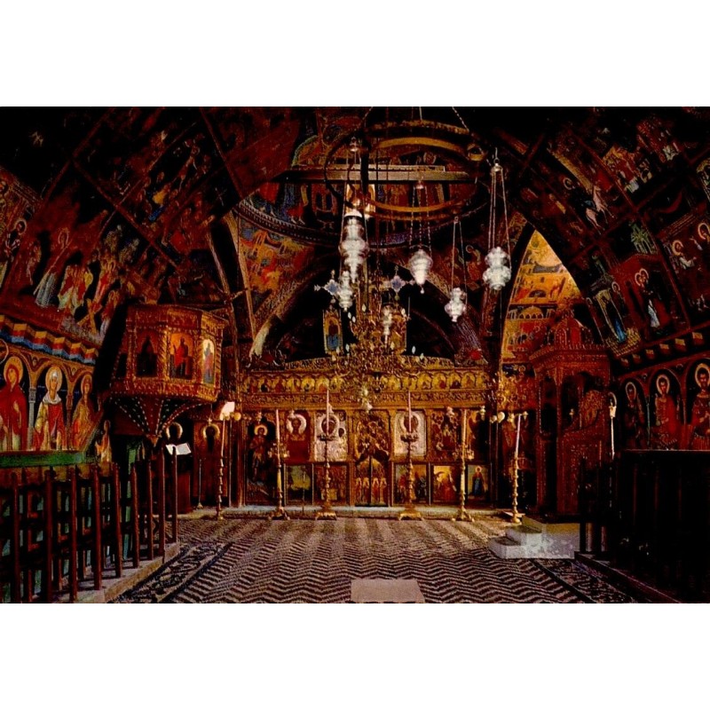 Intérieur de l'église byzantine de la Panagia à Lindos avec iconostase, fresques et icônes à Rhodes.