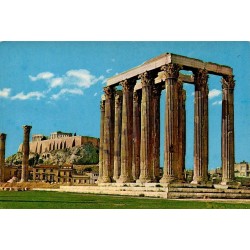 Carte postale du temple de Zeus Olympien avec l'Acropole d'Athènes, CPSM voyagée avec timbre grec.