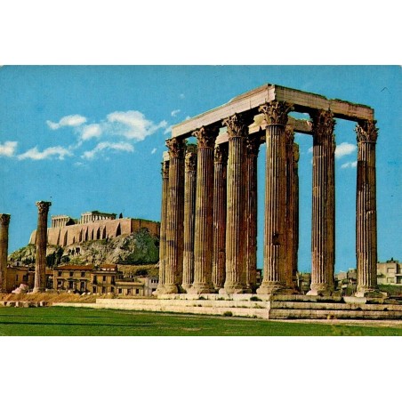 Carte postale du temple de Zeus Olympien avec l'Acropole d'Athènes, CPSM voyagée avec timbre grec.